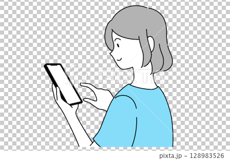笑顔でスマホをチェックしている横向きの若い女性 128983526