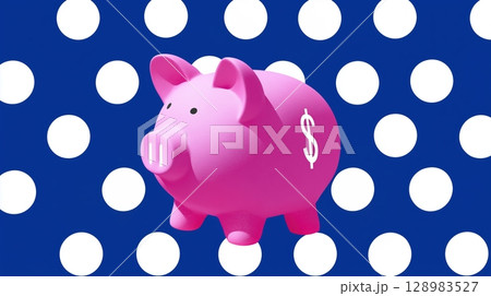 Piggy bank on a polka dot background representing savings and finance. 128983527