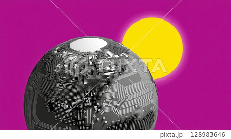 Collage pop art illustration of Futuristic globe with circuitry against a vibrant pink background and sun. 128983646