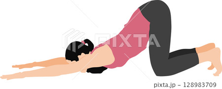 ヨガ(ストレッチ)している女性のイラスト ヨガ(ストレッチ)している女性のイラスト 128983709