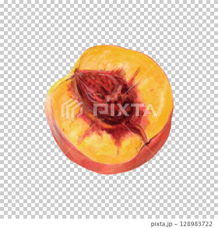 Cut peach watercolor illustration isolated on white. Ripe summer fruit half with realistic pulp and pit botanical drawing. Natural tropical food clipart for packaging and product designs 128983722