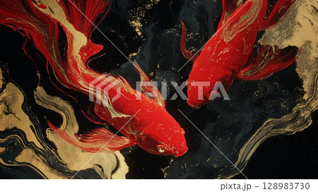 黒背景に赤い金魚と金箔が輝く和風抽象墨絵 128983730