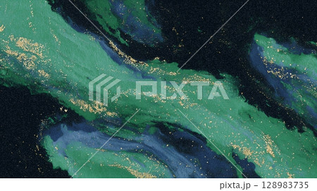 緑と青の抽象墨絵の和風背景 金箔の輝き付き 128983735