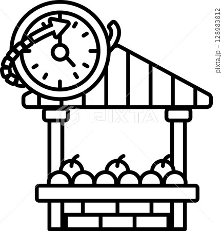 A black and white drawing of a fruit stand with a clock on it A black and white drawing of a fruit stand with a clock on it 128983812