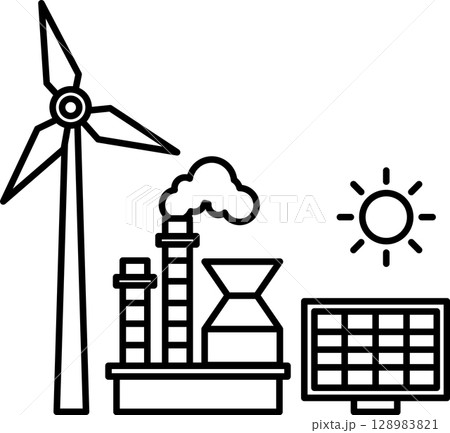 A windmill is shown next to a factory and a solar panel 128983821