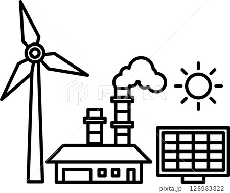 A windmill is shown next to a factory and a solar panel A windmill is shown next to a factory and a solar panel 128983822