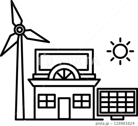 A windmill is next to a house with solar panels 128983824