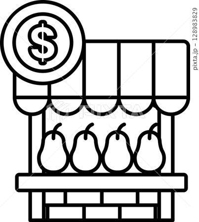 A black and white drawing of a fruit stand with a dollar sign on it 128983829