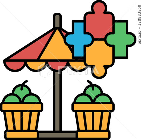A colorful umbrella is above a stand with apples and oranges 128983859