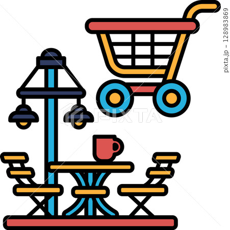 A cartoon drawing of a shopping cart and a table with a cup on it 128983869