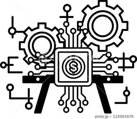 A black and white drawing of gears and a dollar sign 128983876