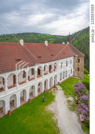 Visitors stroll through the lush grounds of Velhartice Castle, admiring its Renaissance architecture surrounded by vibrant greenery and blooming flowers. 128983989