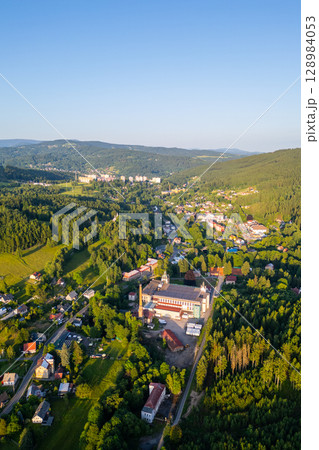 This stunning aerial view showcases Tanvald, nestled in the Jizera Mountains of Czechia. This stunning aerial view showcases Tanvald, nestled in the Jizera Mountains of Czechia. 128984053
