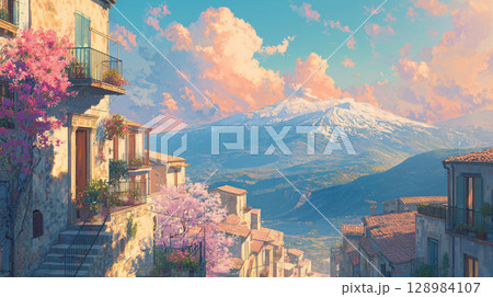 エトナ山と花咲くシチリアの風景 エトナ山と花咲くシチリアの風景 128984107