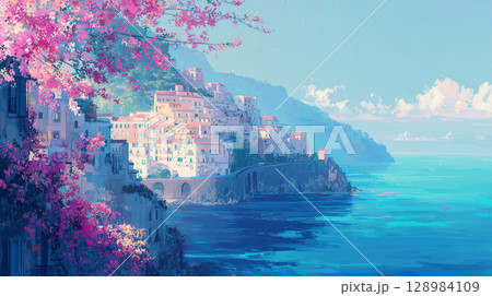 アマルフィ海岸に咲き誇る花と地中海の楽園 アマルフィ海岸に咲き誇る花と地中海の楽園 128984109