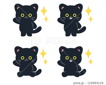 感動するかわいいミニ黒猫のイラストセット 128984229