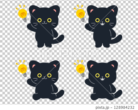 ひらめくかわいいミニ黒猫のイラストセット 128984232