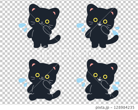 Illustration set of cute mini black cats in trouble Illustration set of cute mini black cats in trouble 128984235