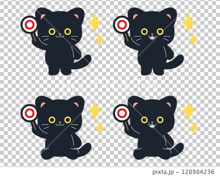 Set of cute mini black cat illustrations holding circle tags Set of cute mini black cat illustrations holding circle tags 128984236