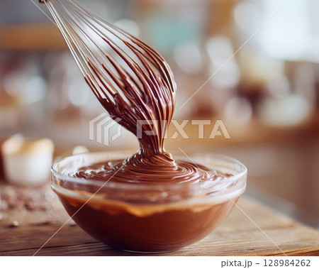 Chocolate dessert making process with smooth melted chocolate being whisked in glass bowl creating rich and creamy texture for baking delight Chocolate dessert making process with smooth melted chocolate being whisked in glass bowl creating rich and creamy texture for baking delight 128984262