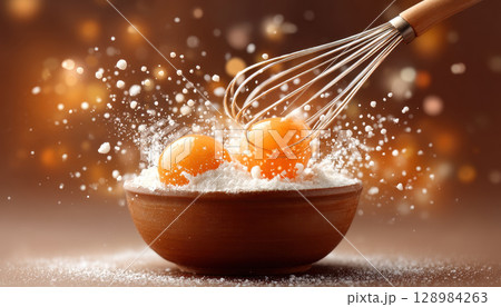 Egg yolk and flour in wooden bowl with whisk showing dessert making process in warm light 128984263