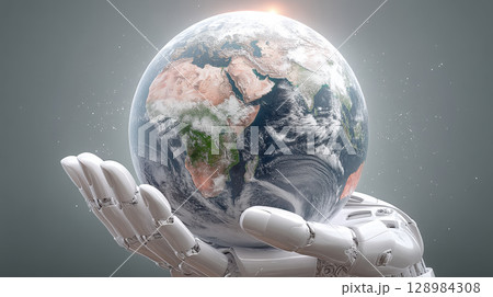 Glowing Earth resting on advanced robot hand with detailed continents and clouds, symbolizing technology and environmental connection 128984308