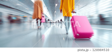 Travel airport trip boarding gate departure terminal waiting for flight mindful solo journey captures motion of travelers moving through busy terminal with colorful luggage and modern architecture 128984510