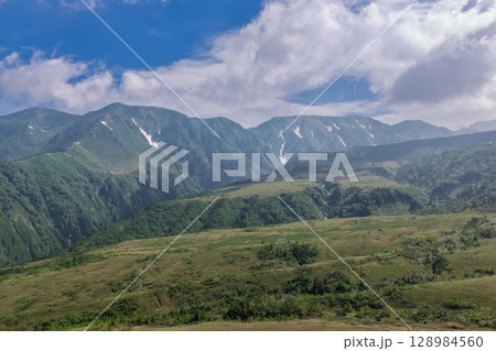 弥陀ヶ原から望む大日岳、奥大日岳(ドローンによる空撮) 弥陀ヶ原から望む大日岳、奥大日岳(ドローンによる空撮) 128984560