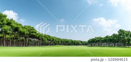 Green golf course with tall pine tree forest under blue sky and white clouds creating peaceful outdoor scene perfect for relaxation and sport on golf course Green golf course with tall pine tree forest under blue sky and white clouds creating peaceful outdoor scene perfect for relaxation and sport on golf course 128984615