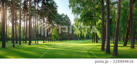 Peaceful golf course surrounded by tall pine and leafy trees with sunlight casting long shadows on green grass creating calm and refreshing outdoor scene Peaceful golf course surrounded by tall pine and leafy trees with sunlight casting long shadows on green grass creating calm and refreshing outdoor scene 128984616