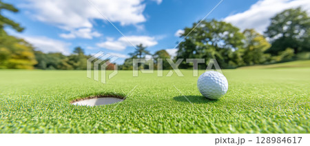 Golf ball near hole on green grass of golf course under blue sky with white clouds and trees in background creating peaceful outdoor scene Golf ball near hole on green grass of golf course under blue sky with white clouds and trees in background creating peaceful outdoor scene 128984617