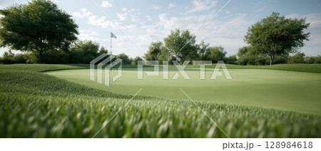 Golf course with green grass and flagstick surrounded by trees under cloudy sky creating peaceful outdoor scene for sports and leisure activities Golf course with green grass and flagstick surrounded by trees under cloudy sky creating peaceful outdoor scene for sports and leisure activities 128984618