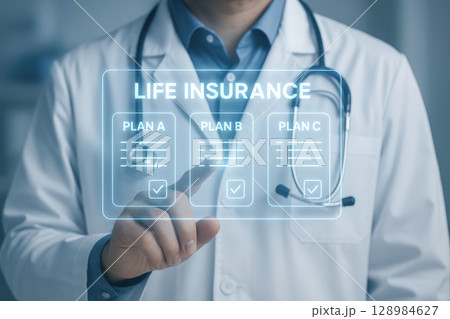 Life insurance concept with medical professional selecting plan options for health coverage and financial protection in future with insurance benefits and care 128984627