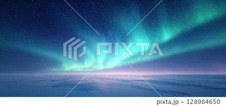 Northern lights shimmering above frozen snow plain under starry night sky with peaceful and calm atmosphere in cold winter landscape 128984650