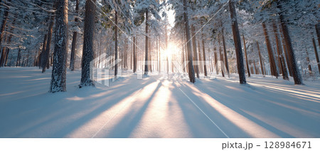 Snow covered pine forest glowing with sunrise light casting long shadows on fresh snow creating peaceful winter morning scene with tall trees and clear sky 128984671