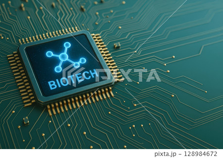 Biotechnology innovation concept with microchip displaying biotech symbol representing medical and healthcare advancements in technology and science for future health solutions 128984672