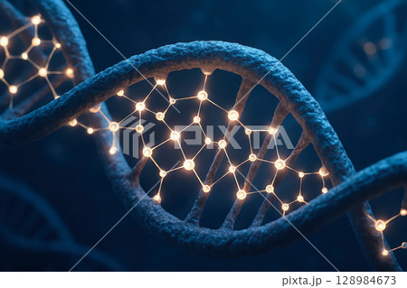 DNA strand glowing with molecular connections represents biotechnology innovation in medical and healthcare research advancing science and health solutions 128984673