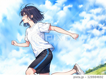 青空の下で笑顔で走っている女子学生 128984692