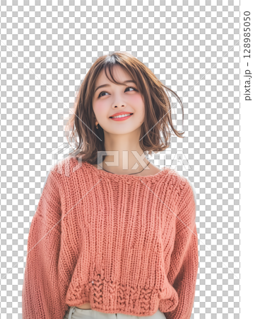 【背景透過】秋服の日本人女性のポートレートイラスト 128985050