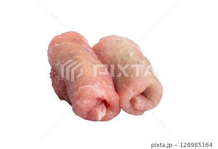 Piece of pork. Pork rolls on a white background Piece of pork. Pork rolls on a white background 128985164