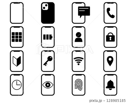 スマホのアイコン16種セット モノトーン スマホのアイコン16種セット モノトーン 128985185