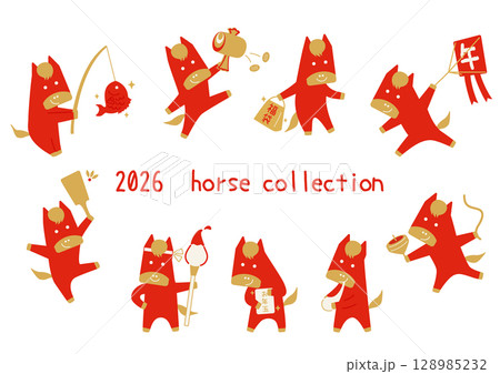 年賀用/縁起物とシンプルな赤い馬のキャラクターセット 128985232