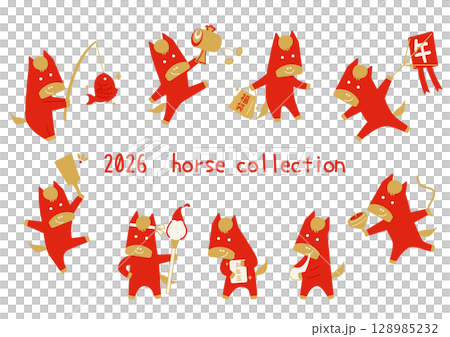 New Year's/Lucky items and simple red horse character set 128985232