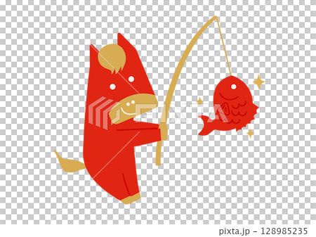 新年祝福/簡單的紅馬人物釣鯛魚 128985235