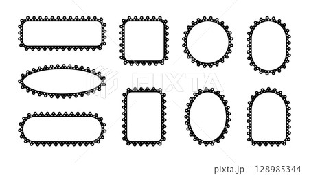 Frame with lace border. Scallop edge in square, rectangle and circle shape. Set of black vector decorative templates isolated on white background. 128985344
