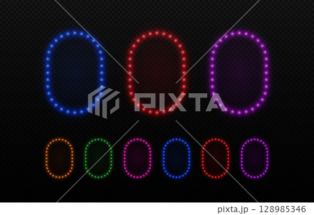 Light neon bulbs rectangle frame. Glow rounded border with lamps. Vector set of portals for games, casino and cinema. 128985346