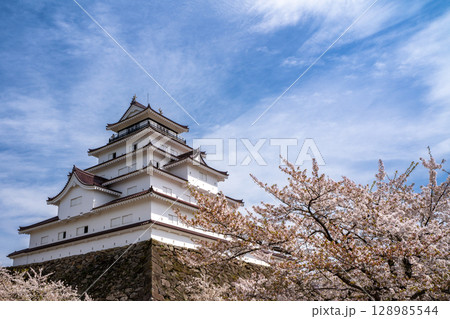 春の鶴ヶ城（会津若松城） 天守閣　福島県会津若松市 128985544