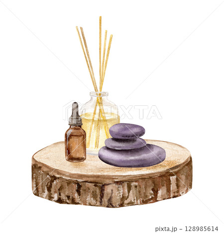 Watercolor composition with aroma stones, diffuser in glass with essential oil and sticks, essential oil on a wooden tray Watercolor composition with aroma stones, diffuser in glass with essential oil and sticks, essential oil on a wooden tray 128985614