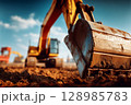 Excavator Digging Ground with Steel Bucket at Romanian Construction Site in Vibrant Daylight 128985783
