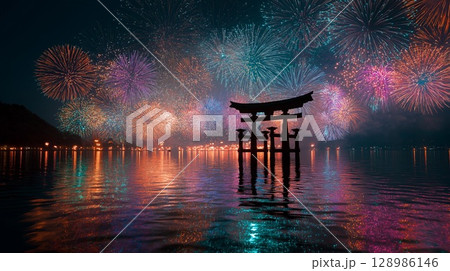 湖上に浮かぶ鳥居、水面に映る幻想的な花火 湖上に浮かぶ鳥居、水面に映る幻想的な花火 128986146